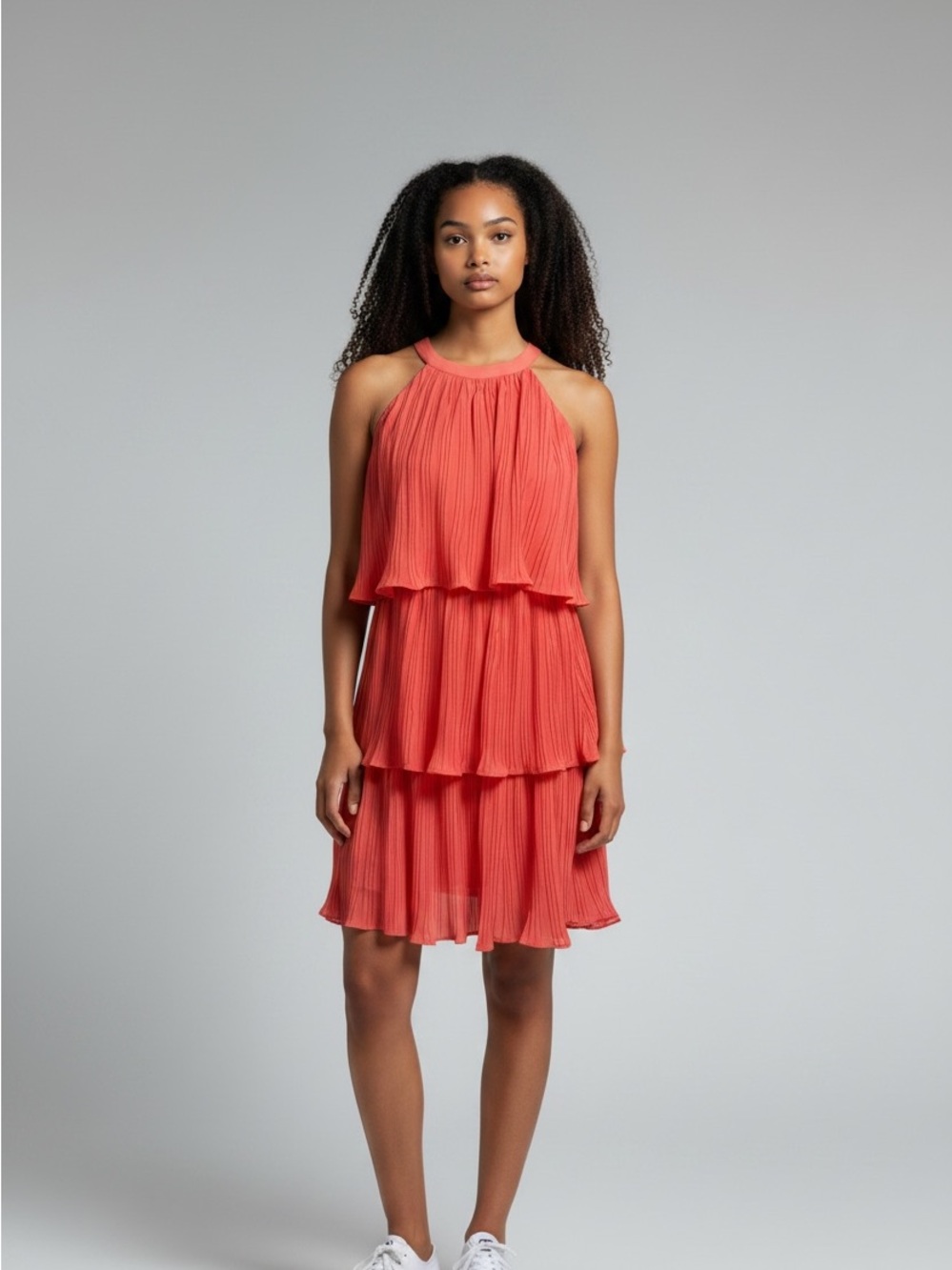 Halter Tiered Pleated Wedding Guest Dress - Coral Pink